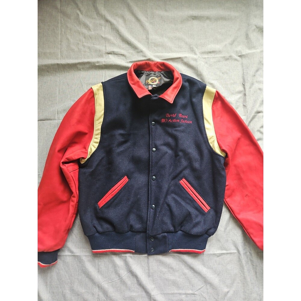 Mens Large Dehen, Vintage Wool and Cowhide leather jacket w equestrian logo